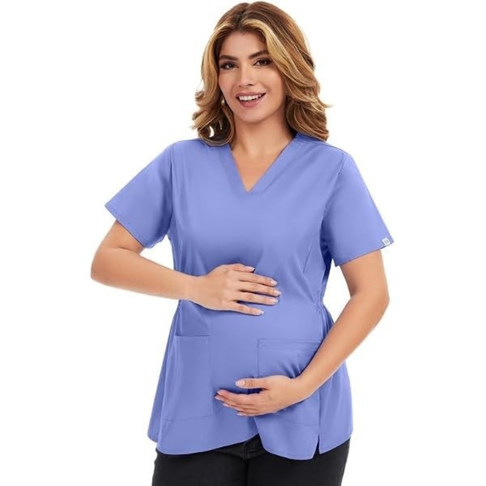 Kitmaz Maternity Women's Short Sleeve Scrub Pockets XL Blue Pregnancy Stretch